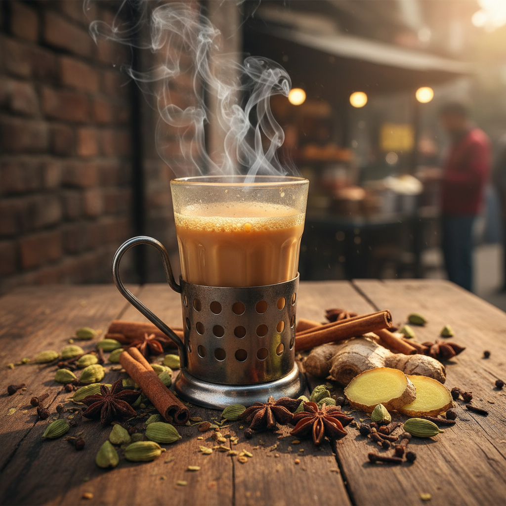 Traditional Indian cutting chai glass with masala chai and scattered spices